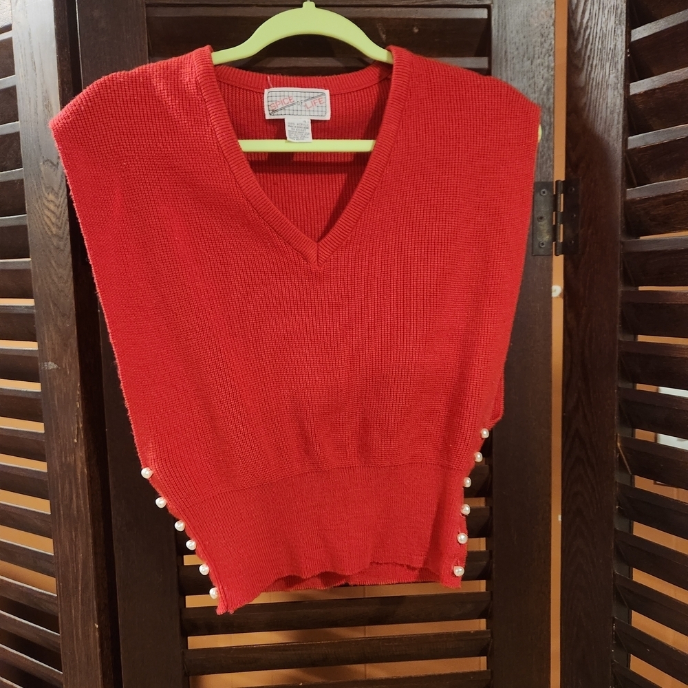 Chic Red V-Neck Sweater with Pearl Details